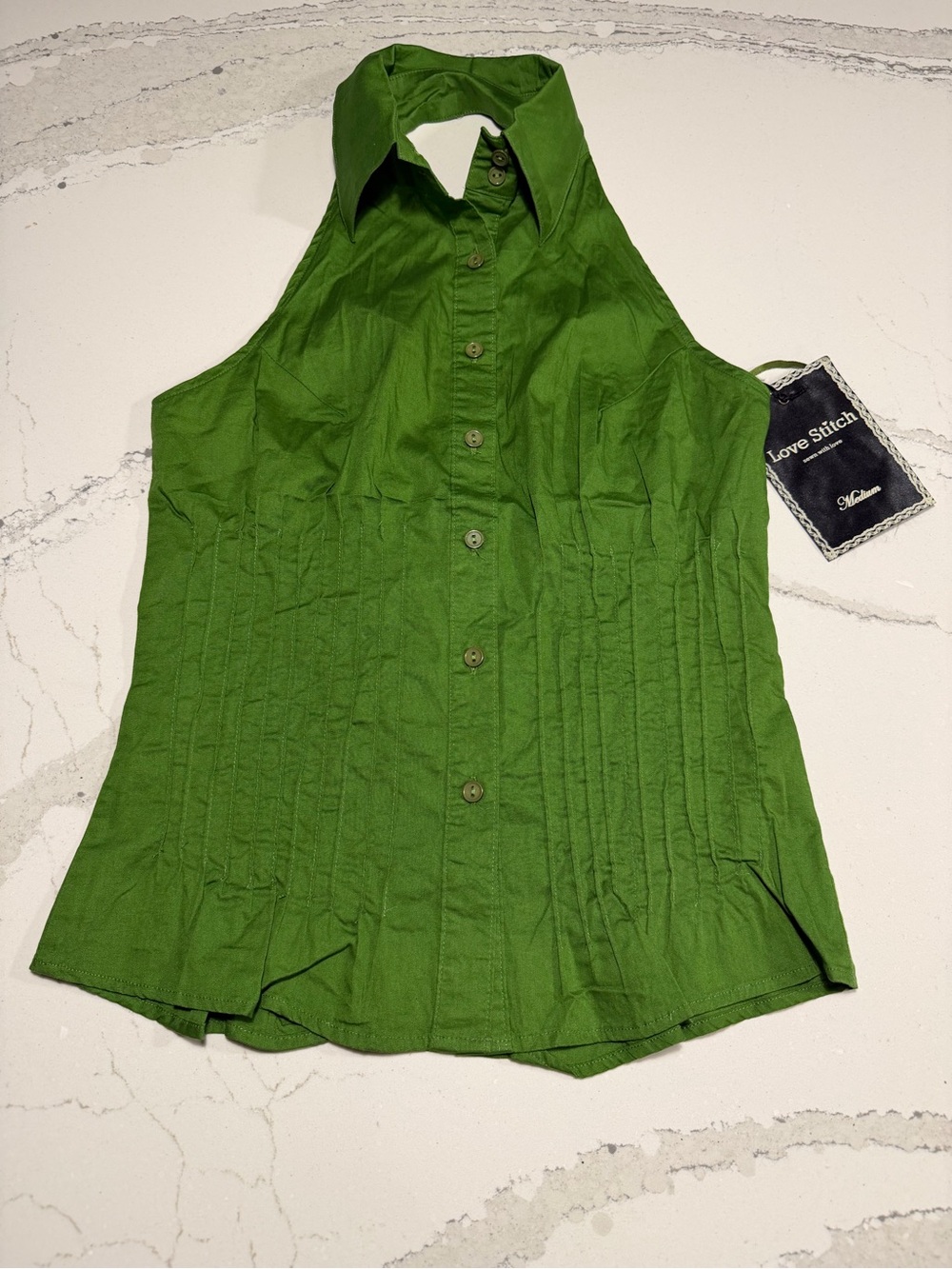 NWT Love Stitch green button front collar halter top Medium